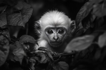 Poster - Adorable baby monkey peeking from lush foliage in black and white.