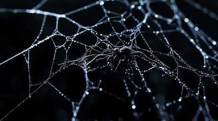 Spider in dew-covered web at night.