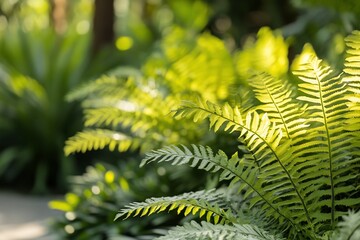 Poster - Lush green ferns bathed in sunlight, showcasing detailed textures and vibrant foliage in a natural garden setting.
