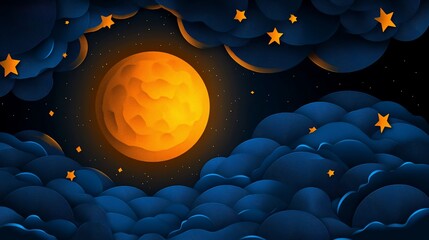 Poster - Orange full moon shining brightly in a dark night sky with fluffy clouds and stars.