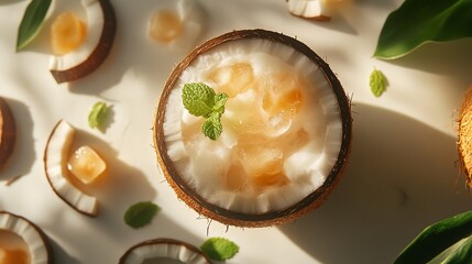 Poster - Refreshing coconut drink with ice and mint in coconut shell.