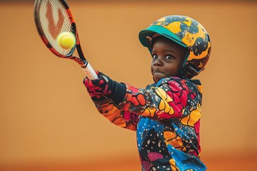 Poster - Young boy in colorful clothing playing tennis.