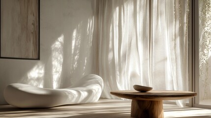 Aufkleber - Sunlit minimalist room interior with white sofa, wooden coffee table, and sheer curtains.