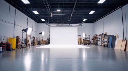 Poster - Empty photography studio with white backdrop, lighting equipment, and props.