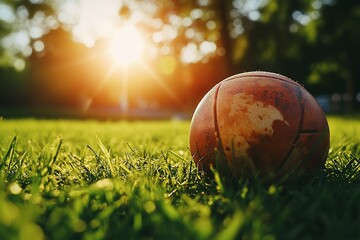 Poster - Worn ball rests in grassy field at sunset.