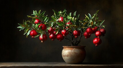 Aufkleber - A potted pomegranate tree laden with ripe, red fruit against a dark background.