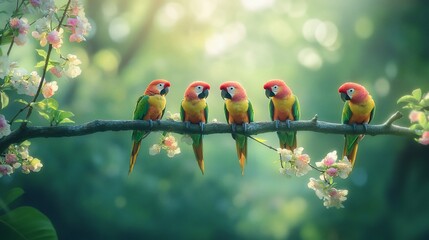 Poster - Five colorful parrots perched on a blossoming branch in a sunlit forest.