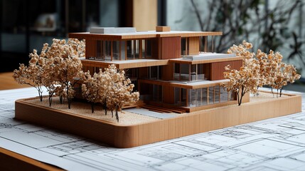 Poster - Architectural model of a modern, multi-level wooden house with surrounding trees, displayed on blueprints.