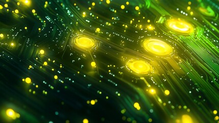 Aufkleber - Abstract close-up of a circuit board with glowing yellow components.