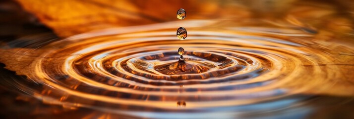 Poster - Water droplet falling, creating concentric ripples on a golden surface.