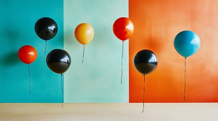 Poster - Colorful balloons float against a vibrant teal, mint, and orange backdrop.