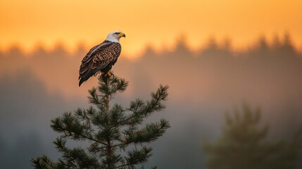 Poster - Majestic bald eagle perched atop a pine tree at sunset, overlooking a misty forest.