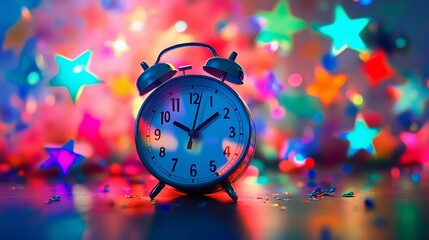 Poster - Close-up of a classic alarm clock showing midnight, surrounded by colorful star-shaped lights and confetti.