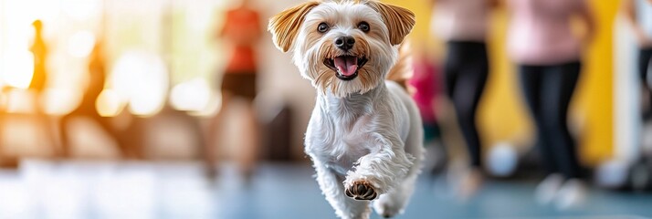 Aufkleber - Happy small dog running indoors, blurred background.