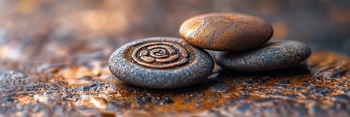 Poster - Three smooth stones with a carved spiral pattern on the center stone, resting on a textured surface.