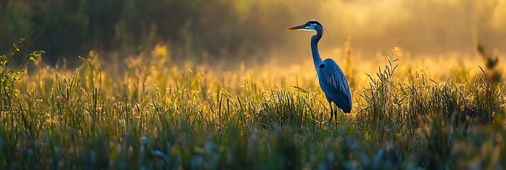 Aufkleber - Majestic heron standing in tall grass at sunrise, bathed in golden light.