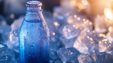 Poster - Close-up of a cold, condensation-covered glass bottle nestled in a bed of ice cubes.