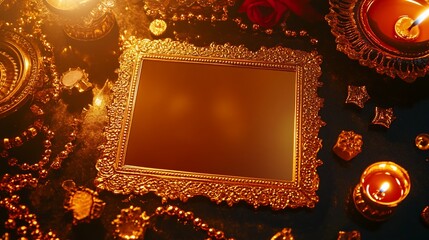 Poster - Ornate gold frame on dark background with candles, jewelry, and rose.