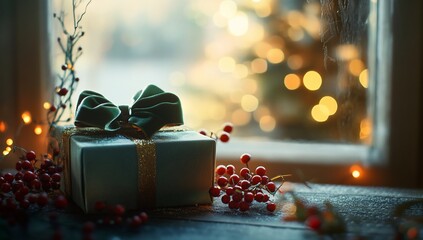Poster - Teal gift box with green ribbon sits on a windowsill with berries and fairy lights, a blurred Christmas tree in the background.