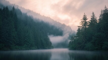 Aufkleber - Misty sunrise over a serene lake nestled in a dense evergreen forest.