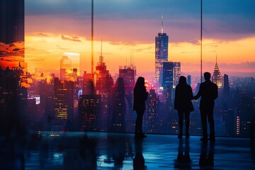 Aufkleber - Silhouetted figures admire a vibrant cityscape sunset.