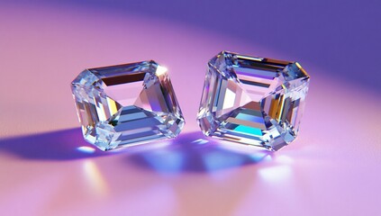 Aufkleber - Two emerald-cut diamonds gleaming on a purple surface, reflecting light.