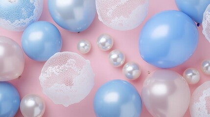 Aufkleber - Pastel blue and pink balloons with lace and pearls on pink background.