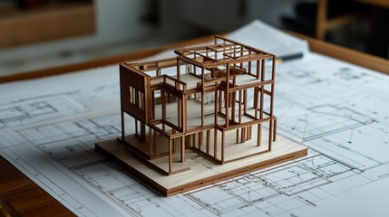 Poster - Wooden architectural model of a house on blueprints.