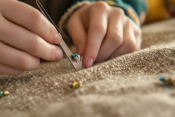 Aufkleber - Close-up of hands carefully sewing small beads onto fabric.