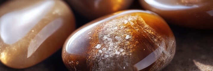 Fototapete - Close-up of smooth, polished, amber and beige gemstones.