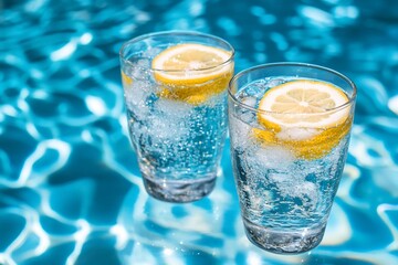 Sticker - Two glasses of sparkling water with lemon slices, by a swimming pool.