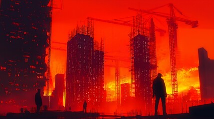 Fototapete - Silhouette figures observe a fiery cityscape under construction at sunset.