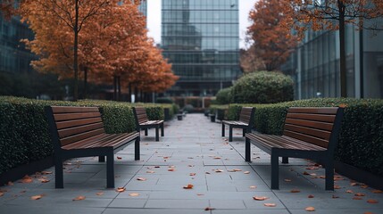 Aufkleber - Empty park benches in an urban autumn setting, surrounded by fall foliage and modern buildings.