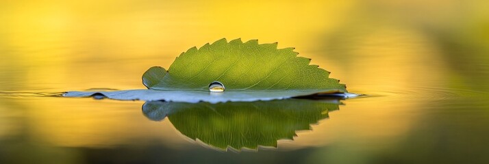 Poster - Single green leaf floats on calm water, reflecting in golden sunset light.