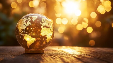 Poster - Glass globe with world map, backlit by warm sunset light on wooden surface.