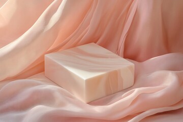 Poster - Elegant square podium on soft pink fabric.