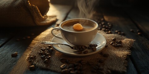Aufkleber - Steaming cup of coffee with sugar cube on rustic wooden table, surrounded by coffee beans.