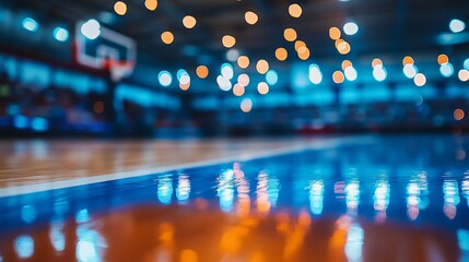 Aufkleber - Blurred basketball court at night with lights reflecting on the polished floor.