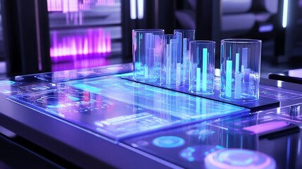 Aufkleber - Futuristic glass cylinders displaying glowing bar graphs on a hi-tech interactive table.