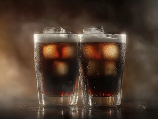 Poster - Two glasses of cola with ice on a dark background.