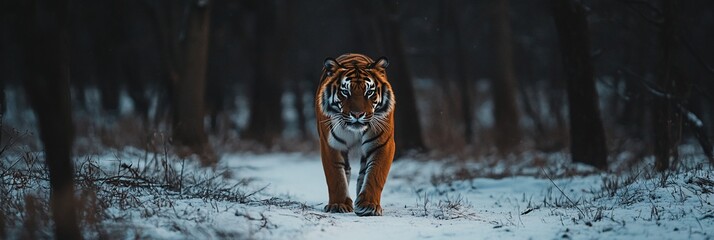 Poster - Majestic tiger walking in snowy forest.