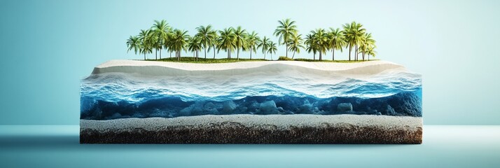 Poster - Cross-section of tropical island showing beach, ocean, and seabed.