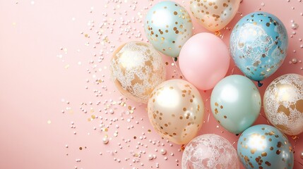 Poster - Pastel balloons and confetti on pink background.