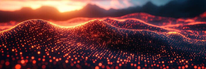 Aufkleber - Abstract Glowing Red Landscape at Sunset: Digital Art