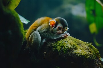 Poster - Adorable baby monkey resting on mossy branch in lush rainforest.