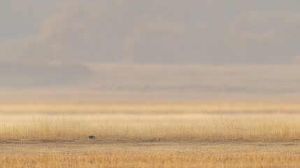 Poster - Golden savanna grassland landscape with a small dark animal in the foreground, hazy distant hills under a muted sky.