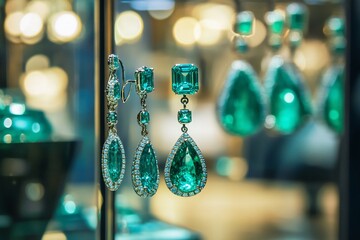 Poster - Close-up of elegant emerald and diamond drop earrings displayed in a glass case.
