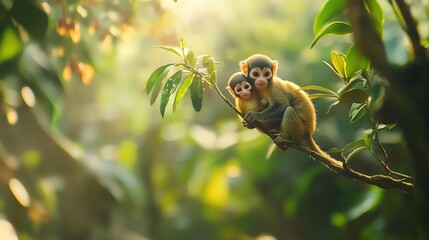 Poster - Two adorable baby monkeys cuddling on a tree branch in a lush green forest, bathed in sunlight.