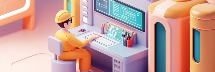 Poster - 3D illustration of engineer working at computer in industrial setting.