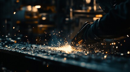 Aufkleber - Close-up of welder's hands skillfully wielding a welding torch, sparks flying, in an industrial setting.